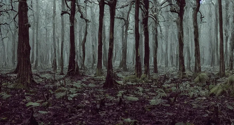 Image similar to A dense and dark enchanted forest with a swamp, by Wes Anderson,