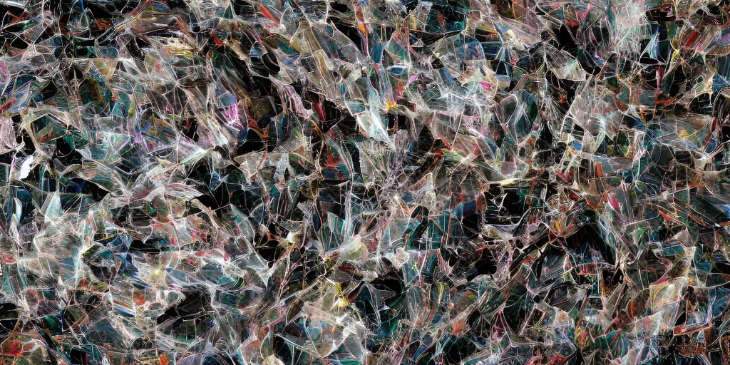 Prompt: irregular fractals of flamingo, segmented broken glass shards, motion blur, distortion