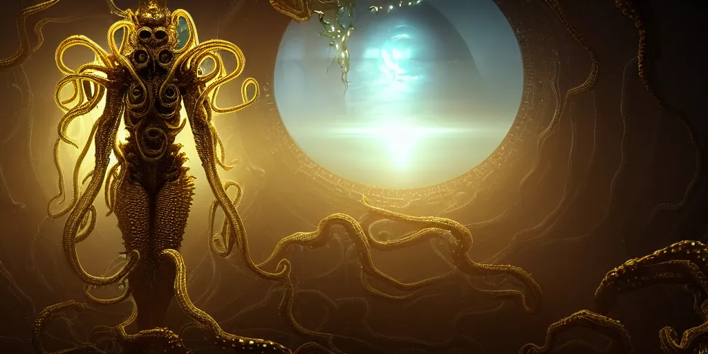 Prompt: a photo of 8 k ultra realistic corrupted lovecraftian golden humanoid queen standing next to a spaceship window overlooking earth, 8 intricate white and gold tentacles, ornate white and gold armour, cinematic lighting, trending on artstation, 4 k, hyperrealistic, focused, extreme details, unreal engine 5, cinematic, masterpiece