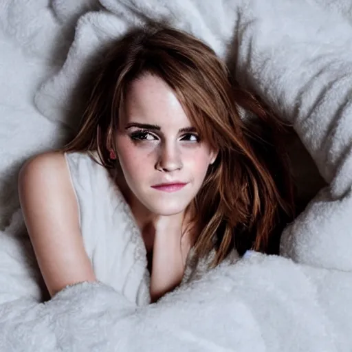 Prompt: emma watson waiting for you in bed at night while smiling shyly, messy hair bedhead, very sleepy and shy, bare shoulders, comforting, covered in big fluffy white blanket, dim cool lighting