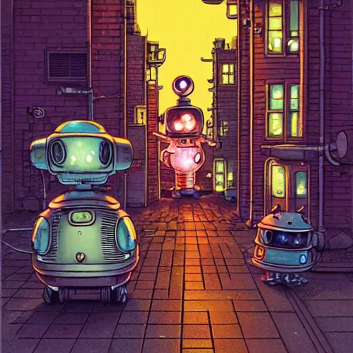 Prompt: fantasycore street view of 1950s machinarium tokyo at night by michael whelan and naomi okubo and dan mumford. cute 1950s robots. cel-shaded. glossy painting.