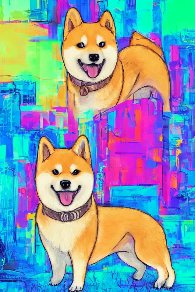 Prompt: a portrait of a shiba inu dog in the neon streets of tokyo, in the style of studio ghibli, artistic, colorful palette, highly detailed