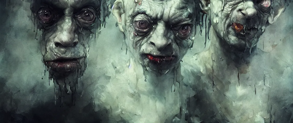 Image similar to portrait of gollum eating fish from witcher 3 by emil melmoth zdzislaw beksinki craig mullins yoji shinkawa realistic render ominous detailed photo atmospheric by jeremy mann francis bacon and agnes cecile ink drips paint smears digital glitches glitchart