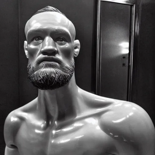 Image similar to “a realistic detailed photo of a guy who is an attractive humanoid who is half robot and half humanoid, who is a male android, boxer Conor McGregor and Canelo Alvarez, shiny skin, posing like a statue, blank stare”