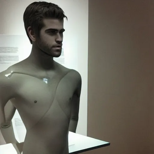 Image similar to “ a realistic detailed photo of a guy who is an attractive humanoid who is half robot and half humanoid, who is a male android, actor liam hemsworth, shiny skin, posing like a statue, blank stare, at the museum, on display ”