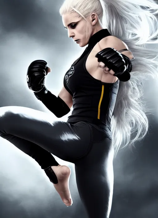 Image similar to a highly detailed illustration of fierce ponytail platinum blonde woman wearing black mma gear and gloves, dramatic powerful kicking pose, perfect face, fairly muscular, athletic, intricate, elegant, highly detailed, centered, digital painting, artstation, concept art, smooth, sharp focus, league of legends concept art, WLOP