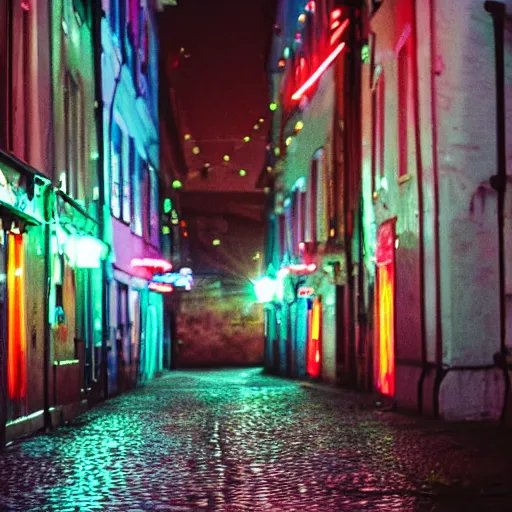 Image similar to Narrow polish street full of colorful vintage neons, crowd of partying people, late evening, 35mm f2.8, focus on the neons, full frame, film photography