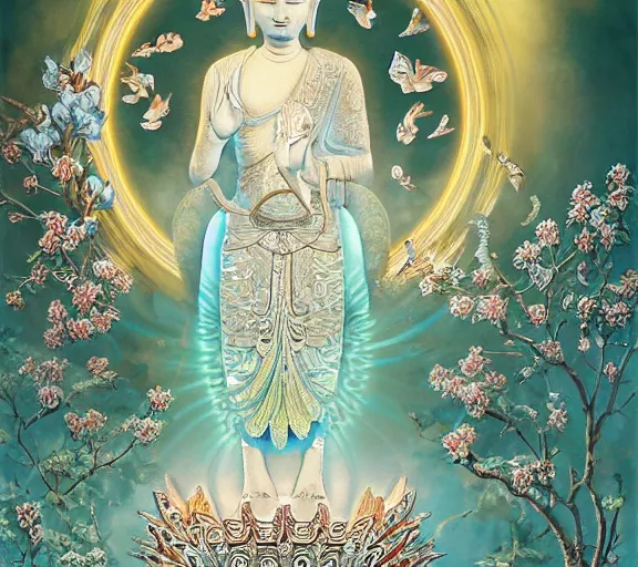 Image similar to breathtaking detailed concept art painting art deco pattern a beautiful buddha with pale skin on sitted on an intricate metal throne, hands pressed together in bow, light - blue flowers with kind piercing eyes and blend of flowers and birds, by hsiao - ron cheng and john james audubon, bizarre compositions, exquisite detail, extremely moody lighting, 8 k h 1 0 2 4