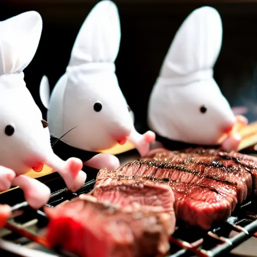 Prompt: group of mice wearing chef hats, cooking steak in the kitchen