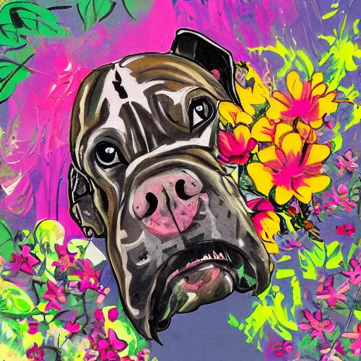 Prompt: brindle pitbull playing roller derby with skates happy surrounded by flowers tattoo style. painting. impressionist. big paint strokes. colorful.