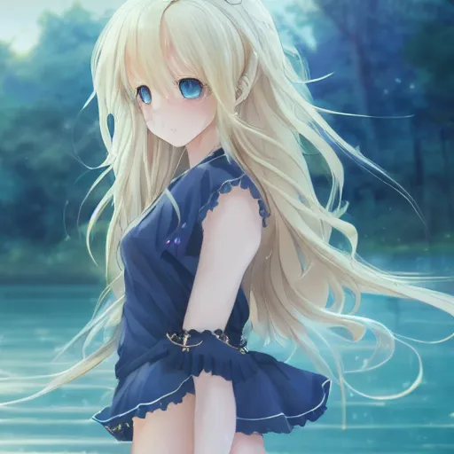 Prompt: a very beautiful anime cute girl, full body, long wavy blond hair, sky blue eyes, full round face, short smile, fancy top, miniskirt, summer lake setting, cinematic lightning, medium shot, mid-shot, highly detailed, trending on Artstation, Unreal Engine 4k, cinematic wallpaper by Stanley Artgerm Lau, WLOP, Rossdraws, James Jean, Andrei Riabovitchev, Marc Simonetti, and Sakimichan