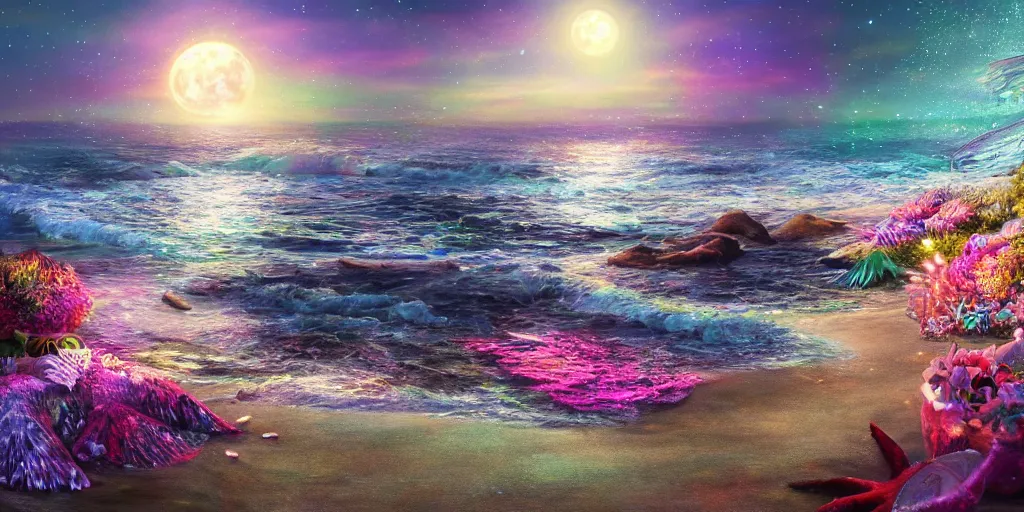 Image similar to a single glittering fairy beach cove at night full of crystals and magical glowing sea shells along the shore, a full moon, water and colorful flowers, extremely detailed oil painting, unreal 5 render, fantasy digital art, octane render, beautiful composition, trending on artstation, award-winning photograph, masterpiece