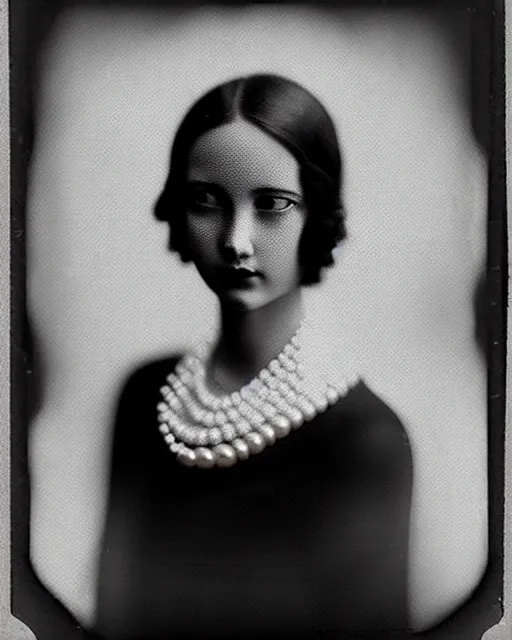 Image similar to [ [ [ [ tintype ] ] ] ] black and white dreamy young beautiful veiled female artificial intelligence, realistic pearl ornament in the face, long hair are intricate with highly detailed realistic pearls, cinematic, rim light, bokeh, photo - realistic, elegant, high detail, 8 k, masterpiece, photo taken in 1 9 3 0