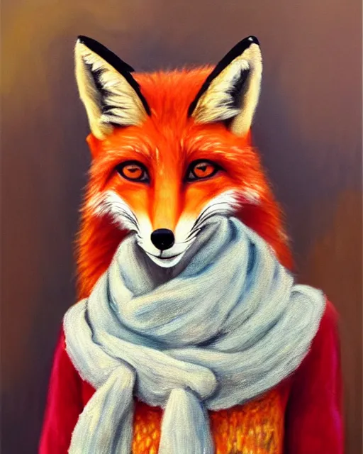 Image similar to oil painting portrait of anthropomorphic female fox animal dressed in sweater and scarf, fox animal, movie studio in background, location movie studio, oil painting,