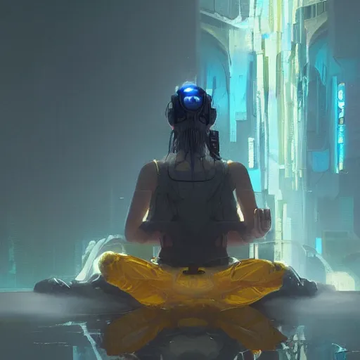 Image similar to a sage meditates under a waterfall pieces with glowing yelow visor as a realistic scifi cyberpunk, torso, art by james jean and greg rutkowski!!, realistic face, digital art,, golden ratio, perfect composition, trending on artstation, 8 k