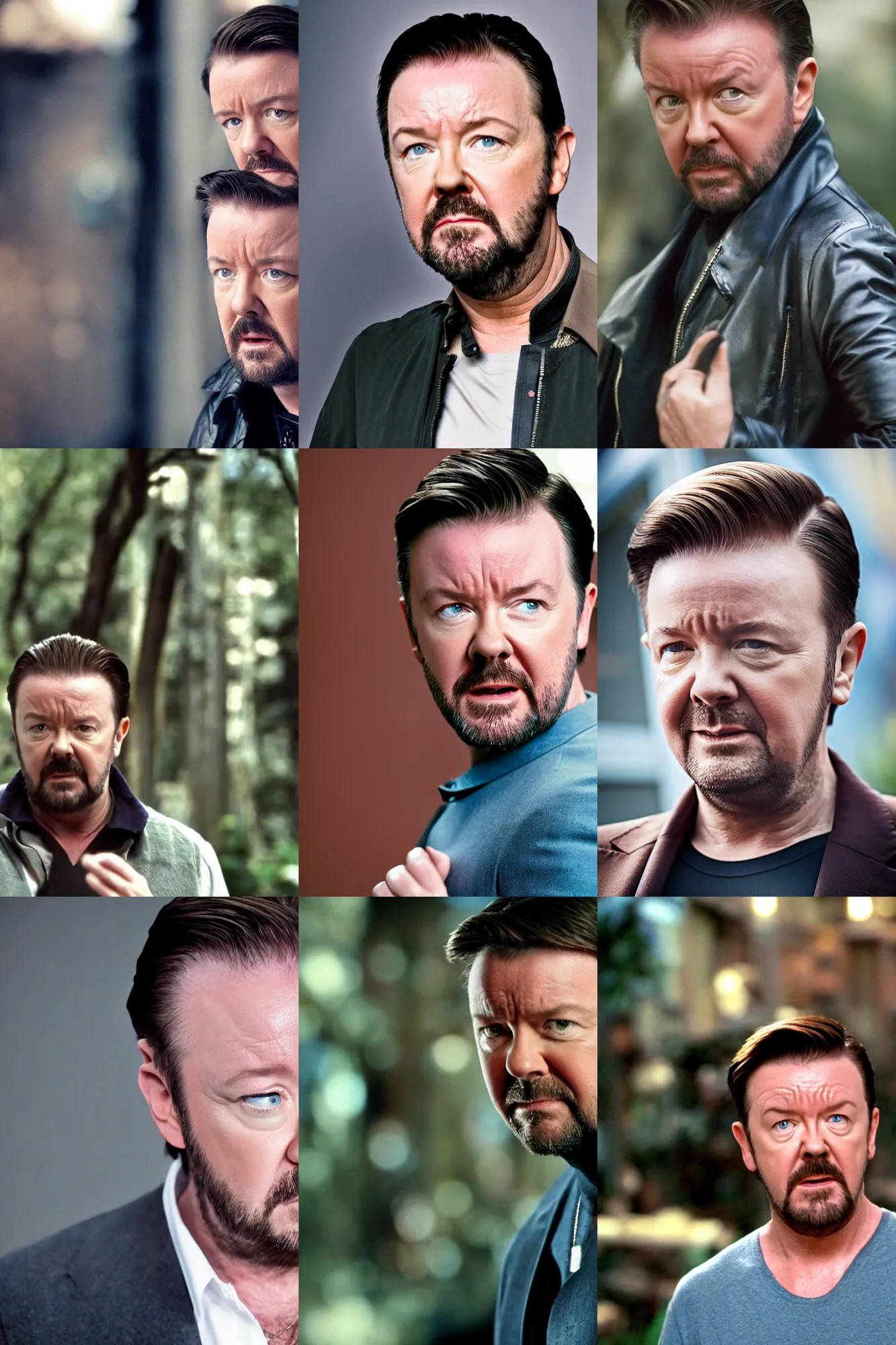 Prompt: ricky gervais as zoolander, blue steel pose, still from the movie, depth of field, bokeh