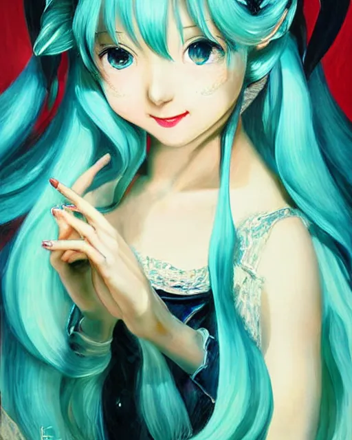 Image similar to A very very beautiful painting of Hatsune Miku by Gil Elvgren