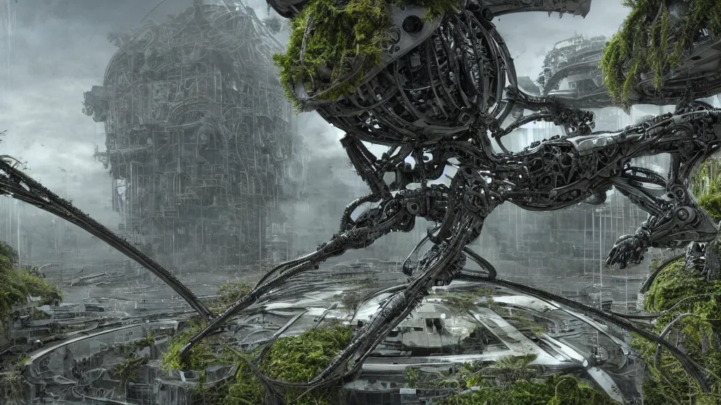 Prompt: organic mechanical metal osprey aircraft, giger influenced with ornate intricate details, landed on futuristic brutalist concrete heliport, ornate buildings covered with green moss, vines and blue foliage, with cyborg female soldiers in the foreground wearing stealth transparent clothing, daytime, wet floor on streets, matte painting, unreal engine, cinematic camera, bloom, mirrors edge