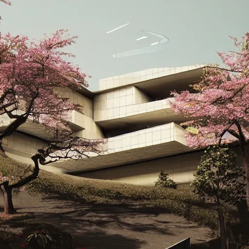 Image similar to futuristic rectangular beige house with courtyard, on a hill surrounded by big sakura trees, dramatic lighting, artstation, matte painting, raphael lacoste, simon stalenhag, frank lloyd wright, zaha hadid, drone view