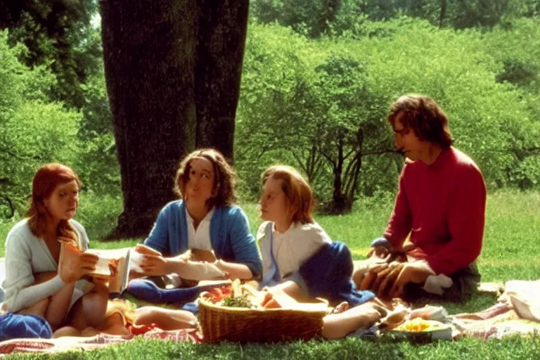 Prompt: An Utopia : A family composed of two women from different etnicity and a genderless child, are having a Picnic and reading philosophy by Eric Rohmer, close-up, 8K, award winning movie, 16mm, very beautiful, stunning, calm atmosphere, warm