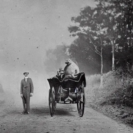 Image similar to unextincted humanoid dinosaurs driving cars, victorian photo