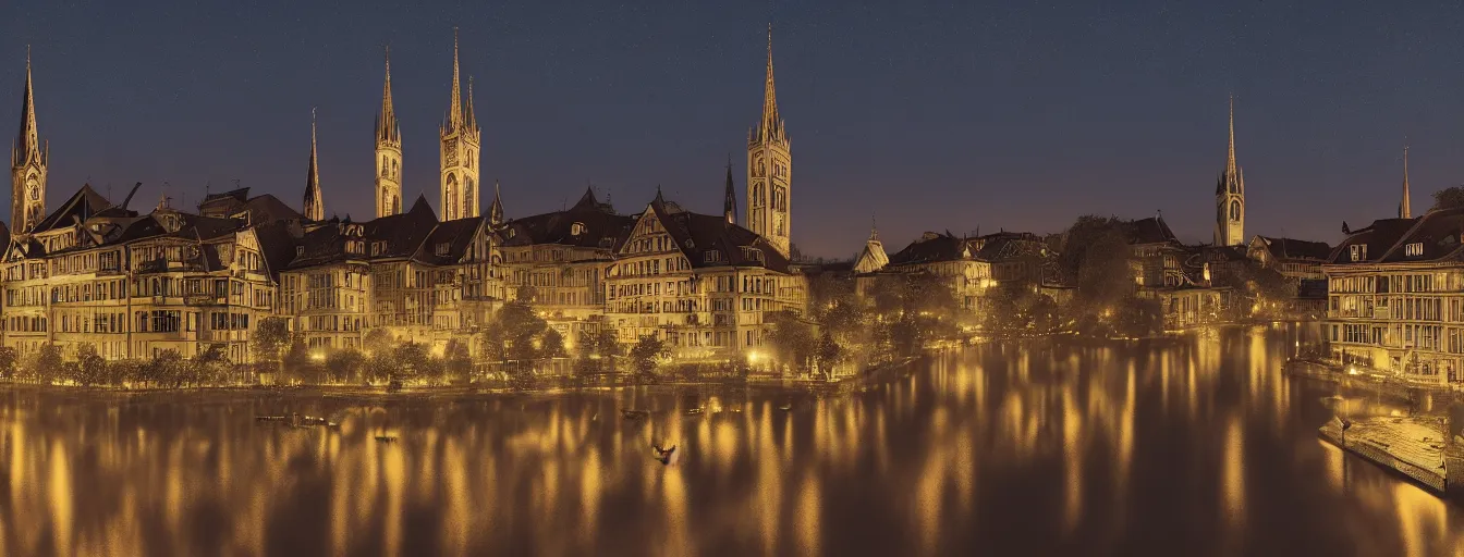 Image similar to Digital painting of Neo-Gothic Zurich, Limmat and the lake at night, wide angle, volumetric light, hyperdetailed, artstation, cgsociety, 8k