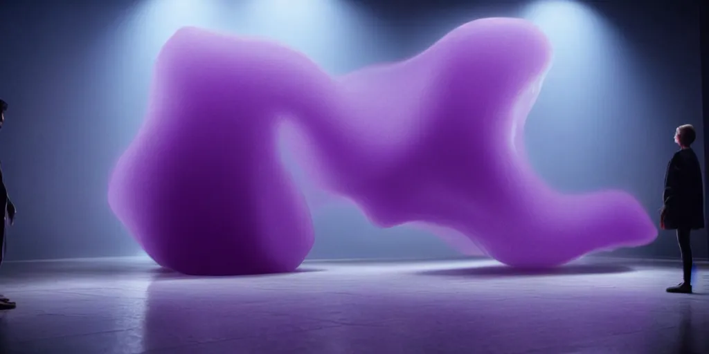 Image similar to cinestill of a giant form made of purple wax float through the living room film still from the movie directed by denis villeneuve with art direction, pouring rain menacing lights shadows, 8 k, hd, high resolution, 3 5 mm, f / 3 2, ultra realistic faces, lost highway