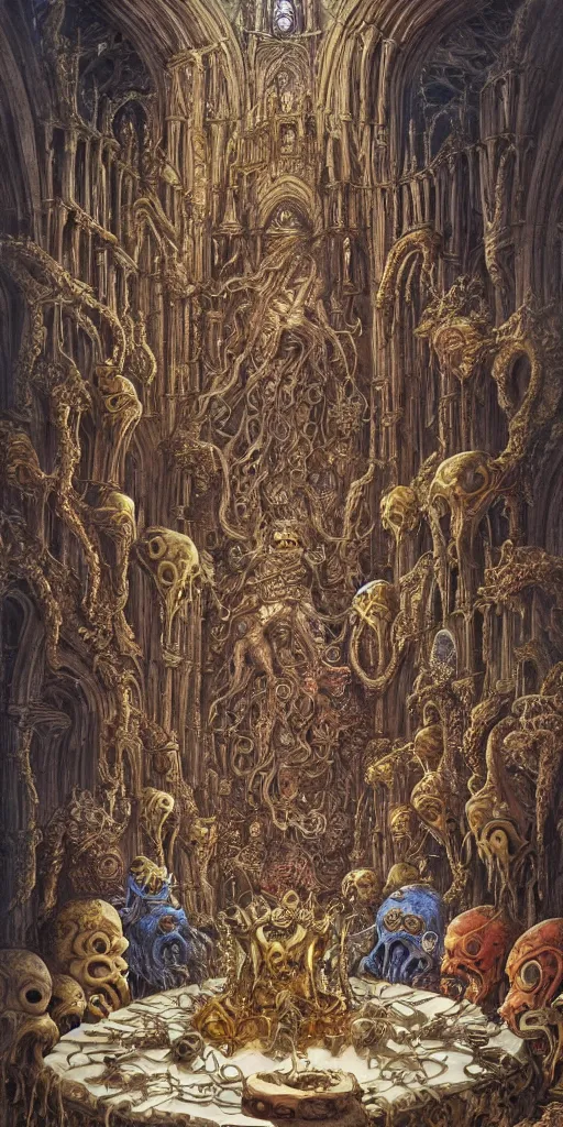 Image similar to mages with human bodies and magical armour with octopus heads sitting near the table in an ancient mage castle with enormous scale, gothic and baroque, brutalist architecture, ultradetailed, Intricate by John Howe and Josan Gonzalez and Giuseppe Arcimboldo