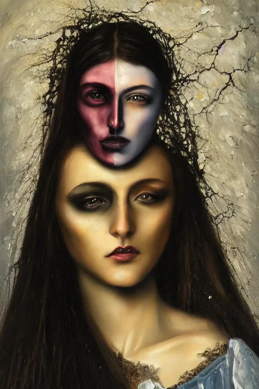 Image similar to hyperrealism oil painting, close - up portrait of european medieval brunette vampire fashion model, knight, steel gradient mixed with nebula sky, in style of baroque