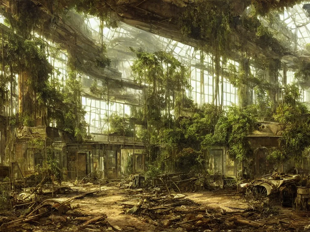 Prompt: Interior of a post apocalyptic gas station reclaimed by greenery, highly detailed, oil on canvas, by Ivan Shishkin and Aivazovsky