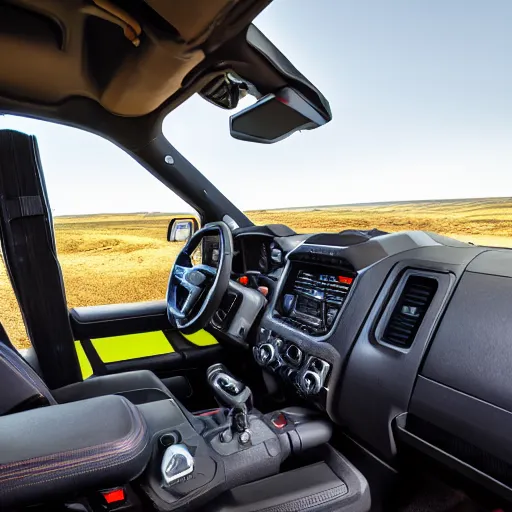 Prompt: the driver seat from a ford raptor in alberta, 4 k high - resolution photograph, ultra detail, hd photo