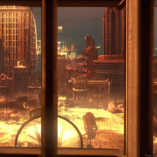 Image similar to In the world of rapture from the world of bioshock you are in a bar, there is a window that lets you see the whole city and you are drinking a rum and coke