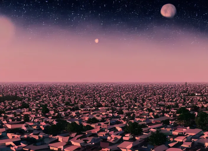 Prompt: thousands of different moons scattered across the sky. thousands of big moons, focus on the sky. thousands of houses in the city, hyperrealism, no blur, 4 k resolution, ultra detailed