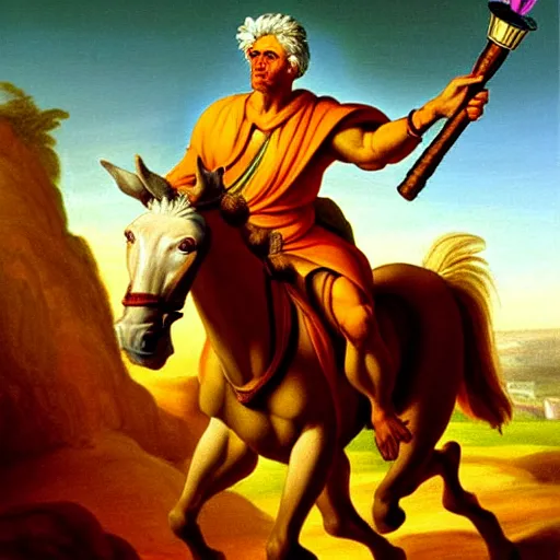 Image similar to painting of yair lapid holding a flaming torch and riding a white mule at the gates of jerusalem, in the style of michaelangelo, intricate, high detail