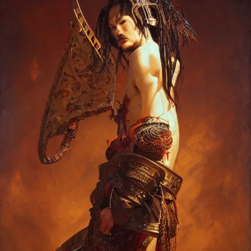 Image similar to highly detailed oil painting | very intricate | cinematic lighting | award - winning | the voodoo samurai in full armor | by roberto ferri, by tom bagshaw, by j. c. leyendecker and klimt, beautiful cinematic light, american romanticism, by austin osman spare, artstation, cgsociety, official art, octane