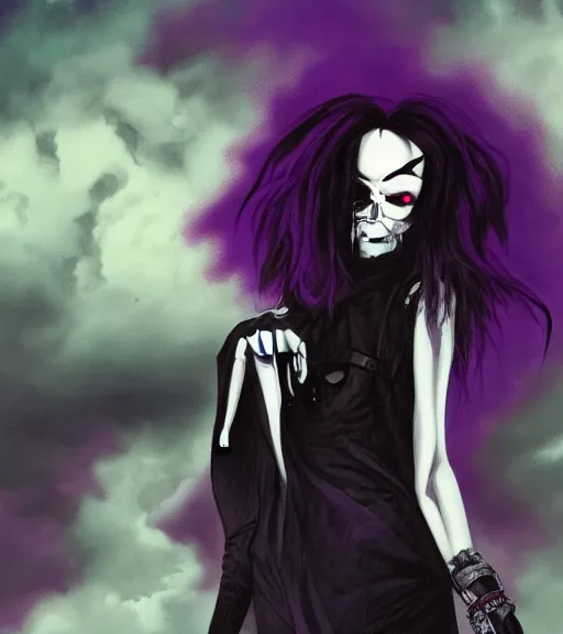 Image similar to A portrait of the character, Death, a young Goth girl wearing a black vest, Vertigo Comics, The Sandman written by Neil Gaiman, against a stormy purple sky