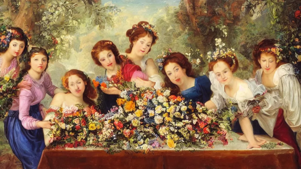 Image similar to A young guy's head is lying in a beautiful bouquet of flowers on a table, and his sisters are looking on, ancient fairy tale style