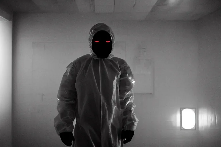 Prompt: a cinematic portrait of a prisoner dressed in a a black and white hazmat suit, in a small prison cell, red color theme, dust storm, annie leibovitz and zack snyder, 8 k, hd, high resolution, 8 5 mm, f / 1. 8