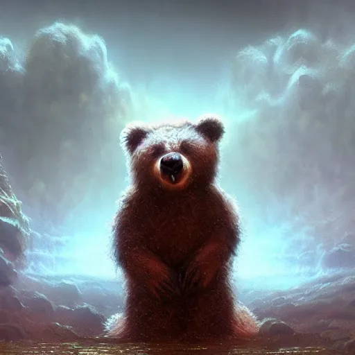 Image similar to cinematic shot of a fluffy bear wanting a hug rainny casper david friedrich raphael lacoste vladimir kush leis royo bruce pennington volumetric light effect broad light oil painting painting fantasy art style sci - fi art style realism artwork unreal engine