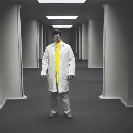 Image similar to flash low quality photograph of a male scientist wearing a lab coat standing lost in the backrooms, mono - yellow old moist carpet room, empty liminal space, very dark shadows, broken fluorescent lighting, horror movie scene, film grain