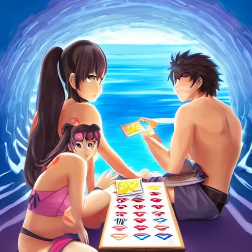 Image similar to aoi asahina from danganronpa, a tanned japanese girl with hair in a high ponytail, and percy jackson playing go fish under the ocean, beautiful digital art