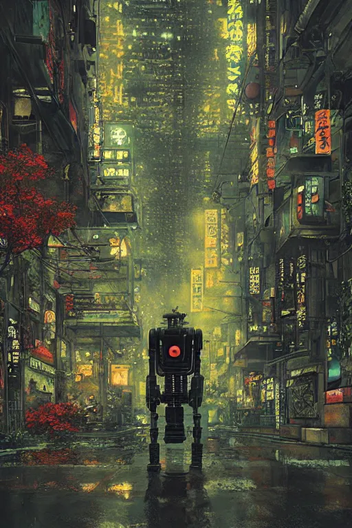 Image similar to vintage autochrome photo of ancient overgrown cyberpunk tokyo with robot by marc simonetti, night, rain, flowers, beautifully lit, hyperdetailed, unreal engine, photorealistic