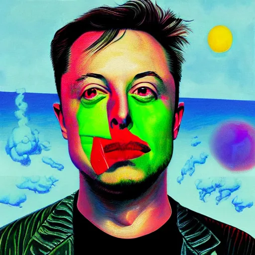 Prompt: Surrealist Portrait painting of Elon Musk's Acid Trip, album cover