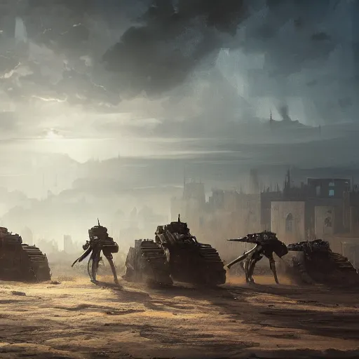 Prompt: a digital painting of crusader robots, matte painting, hyper realistic, very detailed, dramatic scene, realistic lighting, dark fantasy, 4 k, in the style of greg rutkowski,