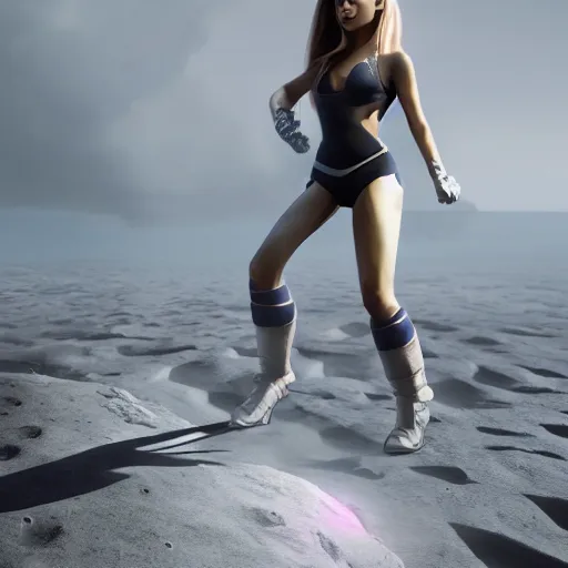 Prompt: A hyper real comic book style portait painting of Ariana Grande walking on the moon, unreal 5, hyperrealistic, octane render, cosplay, RPG portrait, dynamic lighting