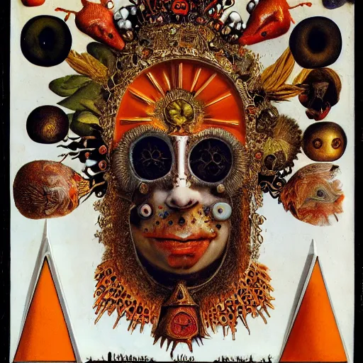 Image similar to album cover, religious reliquary, new age, black, white, orange, psychedelic, giuseppe arcimboldo