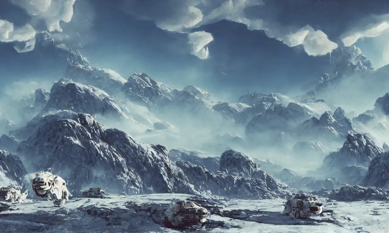 Image similar to frozen planet with mountains in clouds on the background, ravine in front, science-fiction, cinematic lighting, cinematic angle, Syd Mead, John Harris, Federico Pelat, daylight, blue sky