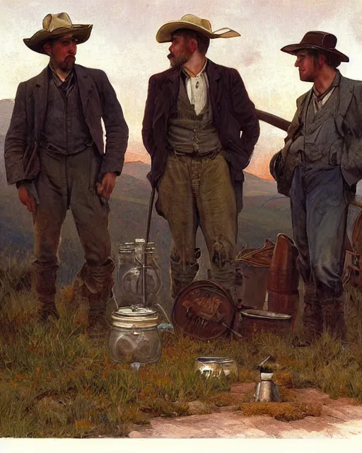 Image similar to portrait of three Appalachian bootlegger boys with detailed features and a moonshining still in the background, dutch camera view, moonshine jars, dirt, Appalachian mountains, sharp focus, illustration, highly detailed, oil painting, matte, art by Greg Rutkowski and Alphonse Mucha, masterpiece