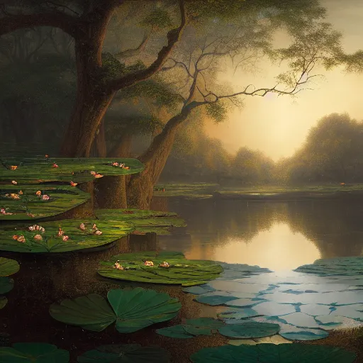 Prompt: beautiful matte painting of an ancient waterlily pond of art By Andreas Rocha, John Howe, Martin Johnson Heade, featured on artstation, featured on behance, Featured on illustrationx, featured on conceptartworld, cinematic, cinematic lightning, concept art, landscape photography composition, f32
