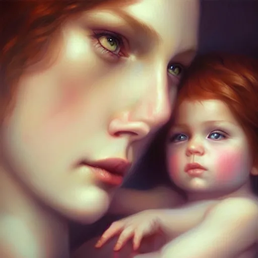 Image similar to pure love is patient love is kind, mother and child ; photorealistic oil painting by charlie bowater and mark brooks ; highly detailed cute faces by wlop ; trending on artstation